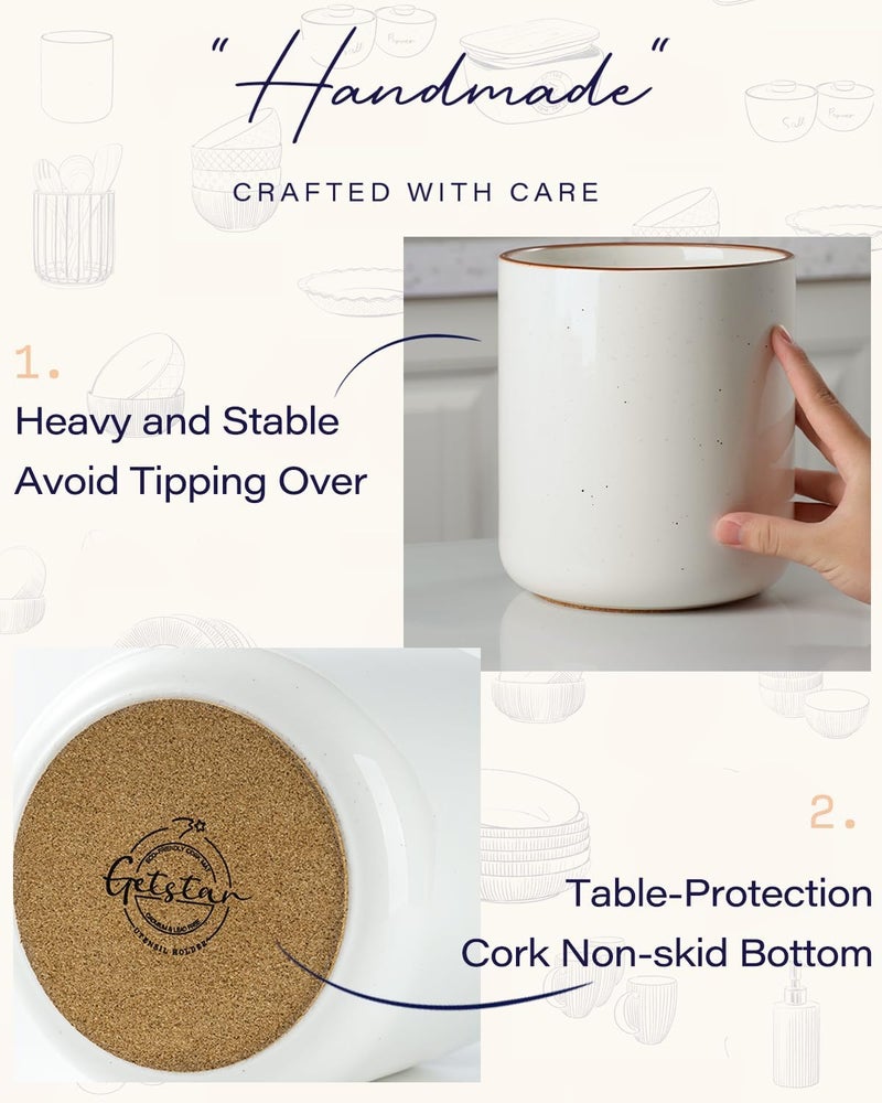 GET STAR Kitchen Utensil Holder, Large Ceramic Cooking Utensil Holder (H7.2” x W6.2”) for Kitchen Counter with Cork Mat at Bottom - Image 3